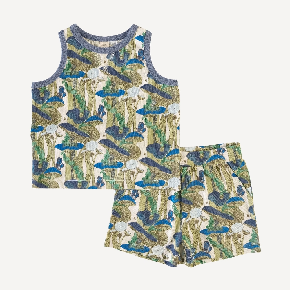 NWT 4T Kate Quinn 🍄 Topstitch Tank and Short Set Mushroom Forest Blue Cotton